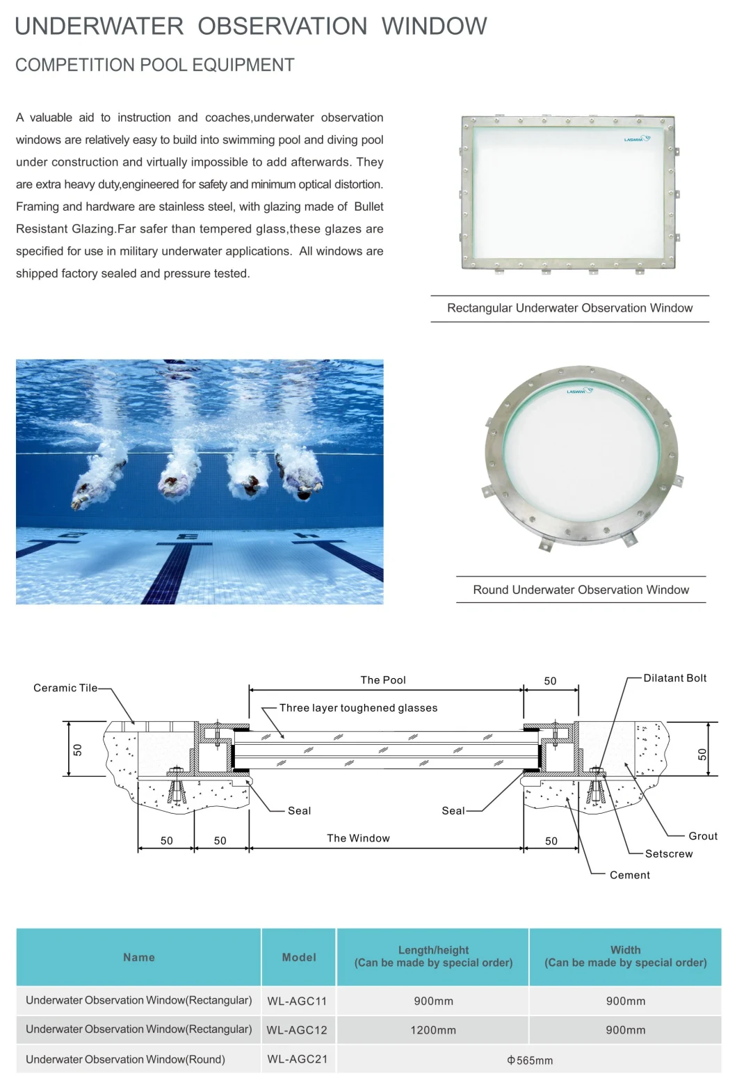 Rectangular Underwater Observation Window with Glazing Made of Bullet Resistant Glazing